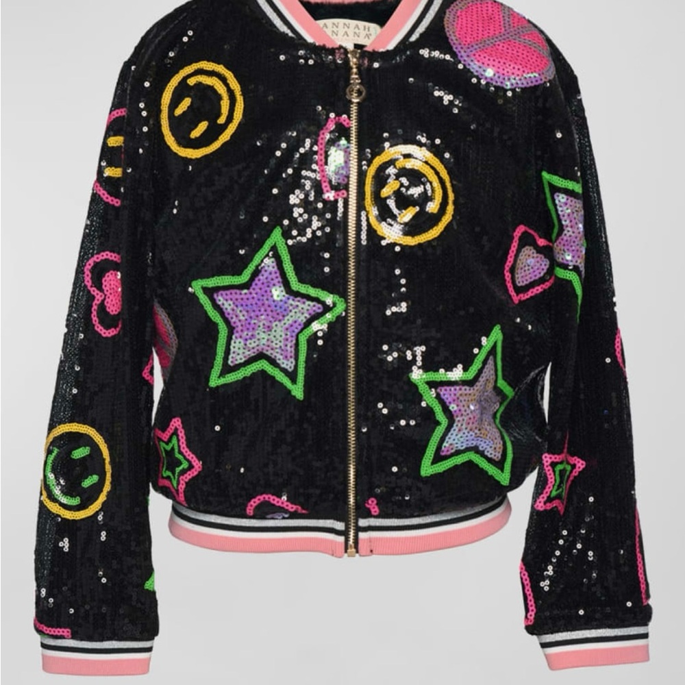 Hannah Banana Sequin Star & Happy Face Print Bomber- 4